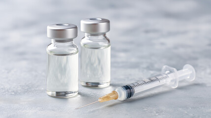 Vials and syringe for medical use on a grey background in a clinical setting