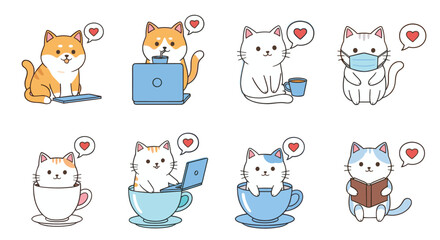 Cute cartoon cat character collection with coffee laptop reading and mask activities flat vector illustration for kids, lifestyle, and playful design