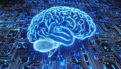 Glowing blue 3 D rendered human brain on electronic circuit board background 3D rendering