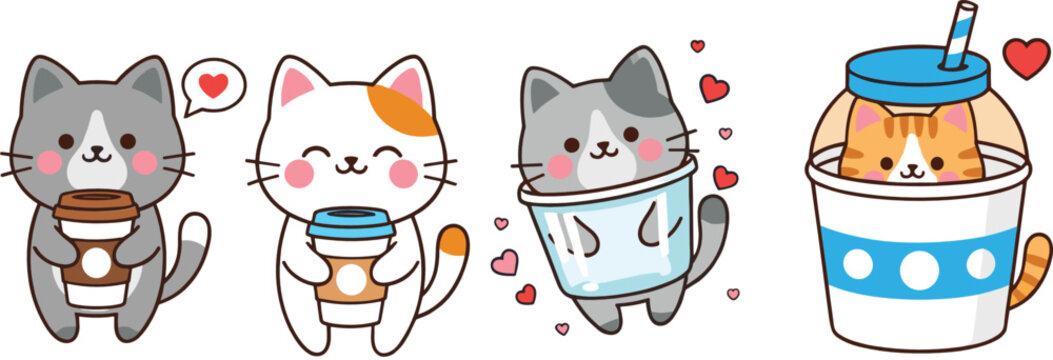 Cute cartoon cat character collection with coffee cup, milk drink, bucket beverage, and love expressions flat vector illustration for kids and playful design