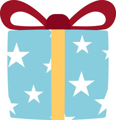 green gift box with red ribbon and wrapping paper with a star pattern, flat design element