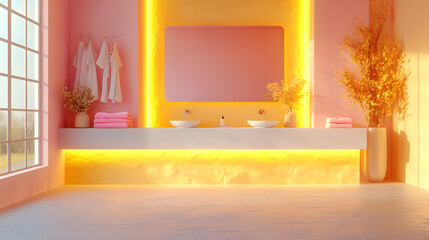 A contemporary washroom with marble countertops and a large mirror, adorned with a single large empty frame on a soft pink wall under gentle lighting