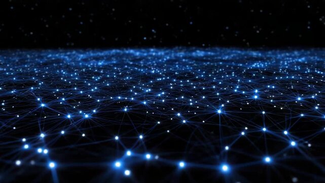 Glowing blue network grid of light nodes and connecting lines form deep digital connection network