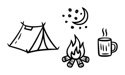 Black and white of camping tent campfire and coffee mug under moonlit sky