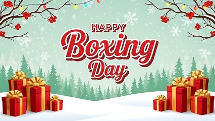 Happy boxing day greeting card design with red gifts and winter forest background