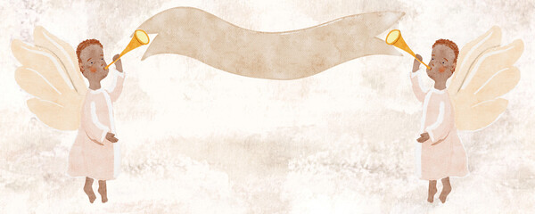 Angels blowing trumpets, holding blank ribbon banner in cloud white tones watercolor. Soft neutral background, airy composition, isolated on white. Ideal for Christmas cards, luxury branding, prints.