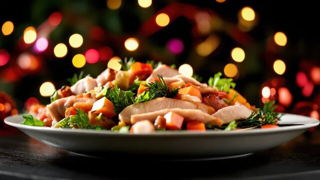 Sliced roasted turkey with vegetable garnish festive bokeh lights holiday salad herbs centerpiece