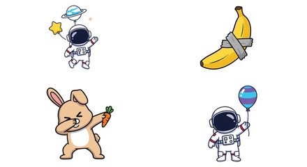 Cute cartoon character collection with astronaut bunny banana and balloon illustrations flat vector set for kids, stickers, and playful design
