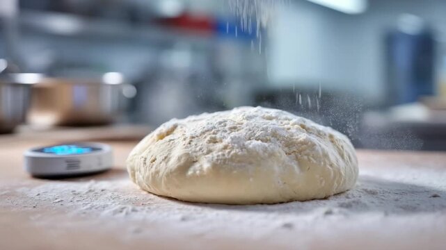 Medium shot showing a sensor device embedded in dough measuring moisture and elasticity for perfect baking results