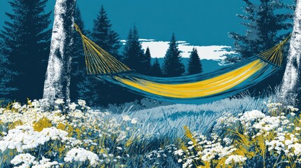Hammock suspended between trees in natural outdoor landscape illustration