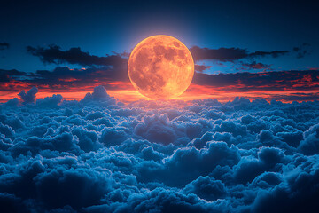 Vibrant full moon glowing above a dense sea of clouds at twilight, with rich blue tones and fiery red horizon creating a dreamy, atmospheric celestial landscape.