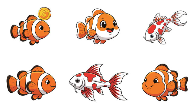 Cute cartoon fish character collection with clownfish and koi variations flat vector illustration set for kids, aquarium, and playful design