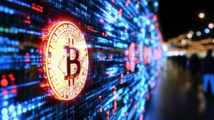 Glowing bitcoin cryptocurrency digital ledger neon coin electronic data display futuristic finance - Powered by Adobe