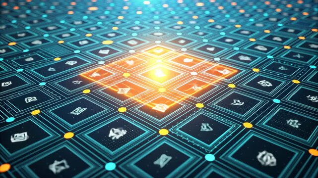 Futuristic Neon Blue Circuit Board with Glowing Orange Center - Technology Background for Innovation ...
