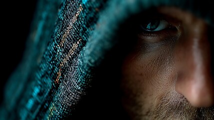 Focused eye of hooded figure in digital cloak, futuristic technology security concept
