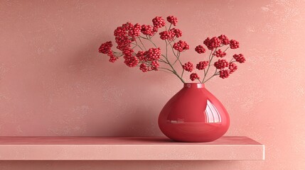 Red Flowers in Vase on Shelf.