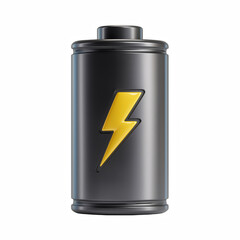 3D cartoon cylindrical battery icon with yellow lightning bolt power symbol isolated on transparent background.