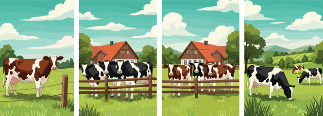 Peaceful rural farm landscape illustration, grazing dairy cows, green countryside fields, wooden fences, red barn houses, blue sky, pastoral agricultural scenery © Shilpi