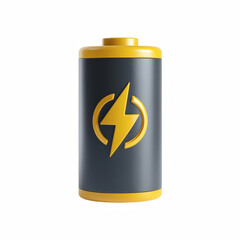 3D cartoon cylindrical battery icon with yellow lightning bolt power symbol isolated on transparent background.