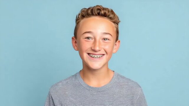 Cheerful boy with braces smiling against a light blue background showcasing youthful joy and positivity 4k video footage