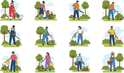 People gardening vector illustration set with men women and children planting trees, watering flowers and harvesting vegetables for spring season agriculture design.