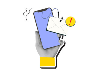 Black and white hand holding phone with a scam letter. Concept of fraudulent messages. Modern collage style. Illustration on a transparent background