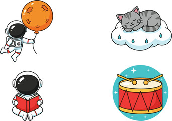 Cute cartoon illustration set with astronaut balloon reader sleeping cat on cloud and drum flat vector design for kids and playful projects