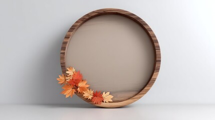 Round Wooden Frame with Orange Flowers.