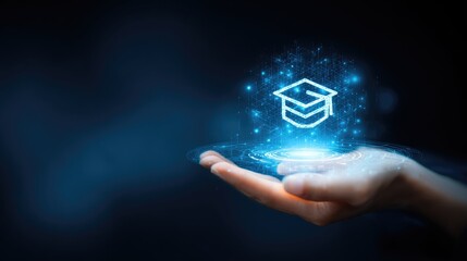 Digital education concept hand holding glowing graduation cap icon