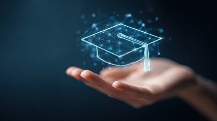 Digital graduation cap floating above hand illustrating education concept