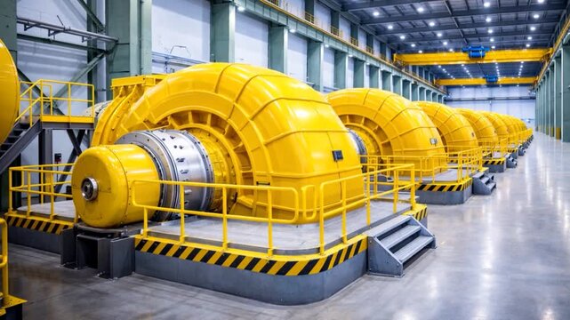 Modern industrial plant with maintenance technician. Massive industrial power generation engines or turbines unit showcasing complex mechanical engineering in a modern factory setting.