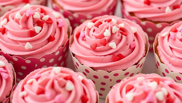 Adorable pink frosted cupcakes with heart sprinkles in polka dot wrappers