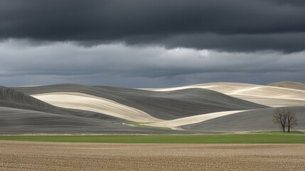 Rolling Hills Under Dark Stormy Sky.