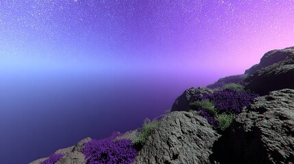 Rocky cliffside with purple sky and ocean.