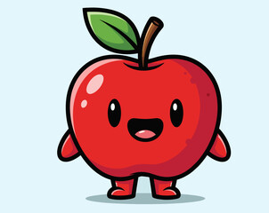 A delicious ripe red apple cartoon featuring a juicy worm and green leaf as a fresh healthy fruit food vector illustration icon for natural vegetarian diet design