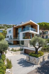 Fototapeta premium This contemporary home features expansive windows and elegant stone accents, nestled in a tranquil residential neighborhood that's enveloped by trees, all bathed in the warm glow of a sunny day