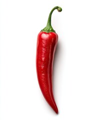 Single, vibrant red chili pepper with green stem
