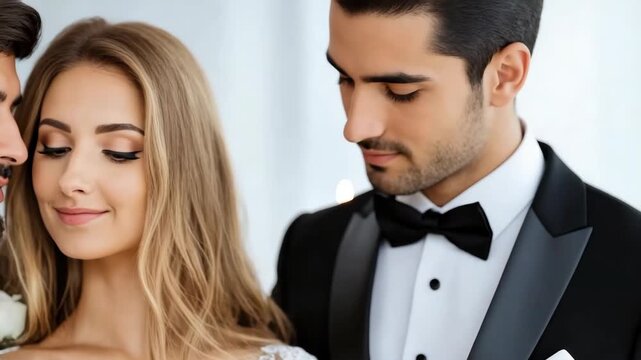 Romantic bride and groom wedding romance embracing tuxedo and bow tie intimate lace boutonniere