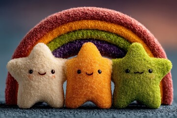 Three cute fuzzy stars with smiling faces in front of a colorful rainbow arch