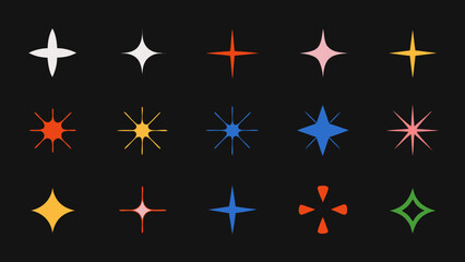 A collection of colorful star and sparkle shaped graphic elements on black