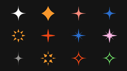 Variety of colorful star and sparkle shaped icons on black background