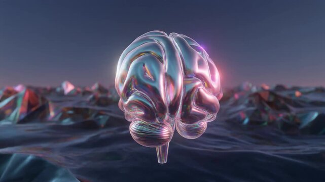 Shiny 3D brain model floating above futuristic purple metallic landscape with glowing crystals at dusk