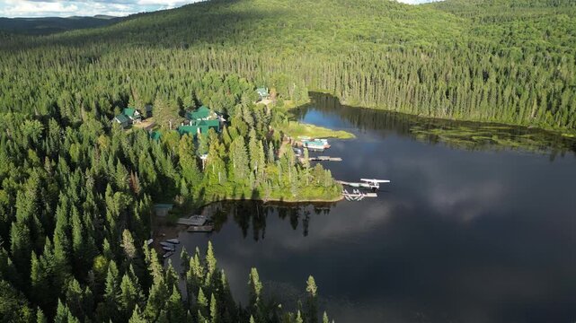 Aerial view of serene lakeside forest, Seigneurie du Triton in Quebec