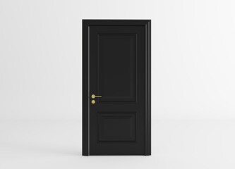 Closed black door with frame isolated on background.