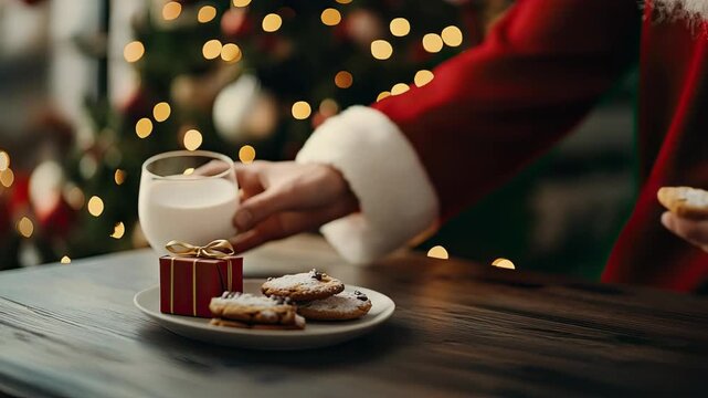 A person in a Santa outfit sets down milk and cookies on a table by a Christmas tree with many lights at night