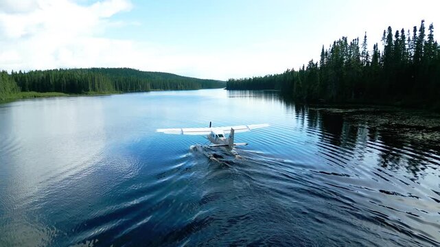 Seaplane gliding across glassy water with foggy forest shoreline, drone rearview establish nature scenery