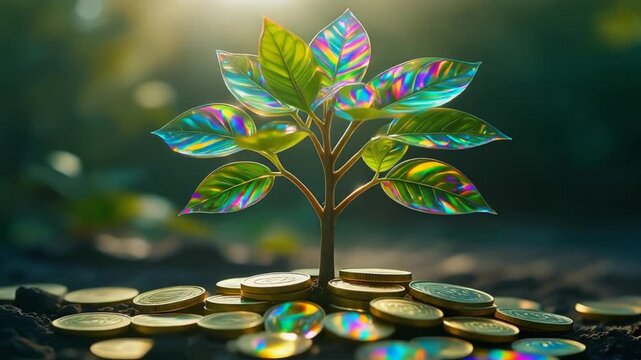Holographic 3D render of small tree with rainbow leaves growing on pile of gold coins on dark soil with sunlight