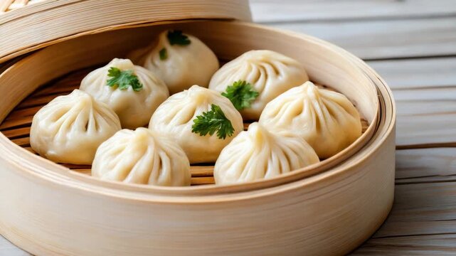 Steamed dumpling basket in bamboo steamer with xiaolongbao steamed bun parsley garnish dumpling