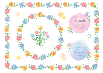 Set of watercolor floral frames and decorations in three colors