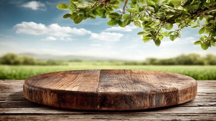 Rustic Wooden Platform on Wooden Table Outdoors.